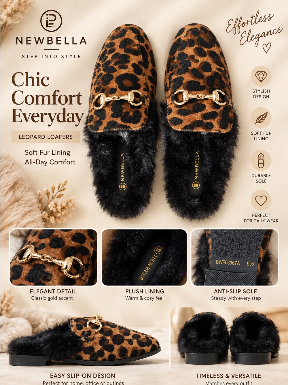 Newbella Leopard Print Faux-Fur Backless Mules with Gold Horsebit